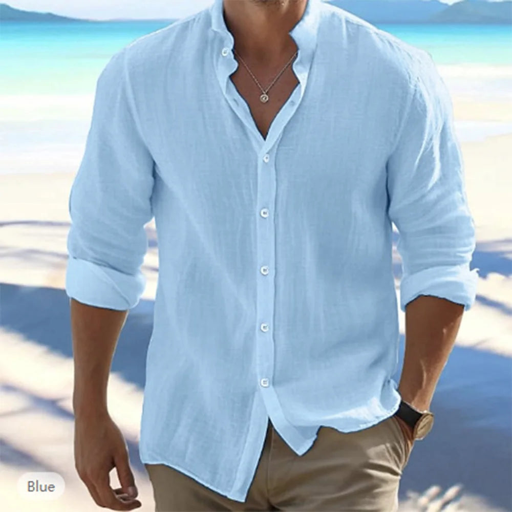 Camicia da uomo in cotone e lino a maniche lunghe